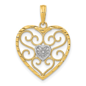 14k w/Rhodium Filigree Beaded Heart Charm