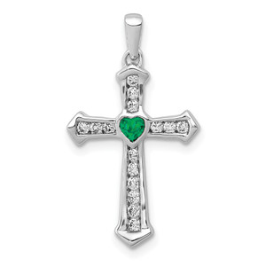 14k White Gold 1/5 carat Lab Grown Diamond VS/SI+ G+ and Lab Created Emerald Complete Cross Pendant