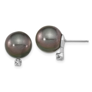 14k White Gold 10-11mm Black Round Tahitian Saltwater Cultured Pearl and .10 Carat Diamond Post Earring