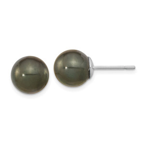 14k White Gold 10-11mm Black Round Tahitian Saltwater Cultured Pearl Post Earrings