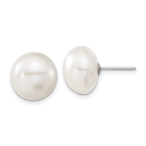 14k White Gold 11-12mm White Button Freshwater Cultured Pearl Stud Post Earrings