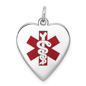 14k White Gold 19mm Heart-Shaped Red Enameled Medical Jewelry Pendant