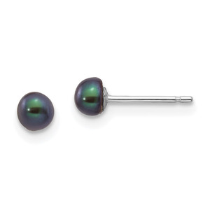 14k White Gold 3-4mm Black Button Freshwater Cultured Pearl Stud Post Earrings
