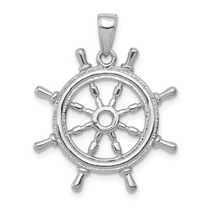 14K White Gold 3D Ships Wheel Pendant