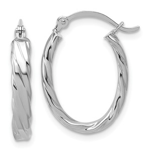 14K White Gold 3mm Patterned Oval Hoop Earrings