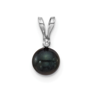 14k White Gold 5-6mm Black Round Akoya Saltwater Cultured Pearl and .01 Carat Diamond Pendant