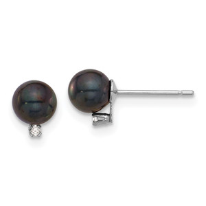 14k White Gold 5-6mm Black Round Akoya Saltwater Cultured Pearl and .02 Carat Diamond Post Earrings