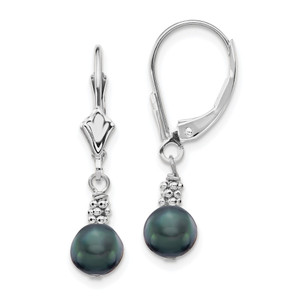 14k White Gold 5-6mm Black Semi-round Freshwater Cultured Pearl Dangle Leverback Earrings