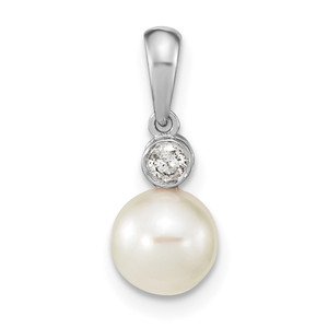 14k White Gold 6-7mm Round White Akoya Saltwater Cultured Pearl and .05 Carat Diamond Pendant