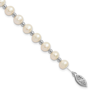 14k White Gold 6-7mm White Near-Round Freshwater Cultured Pearl Beaded 7 inch Bracelet