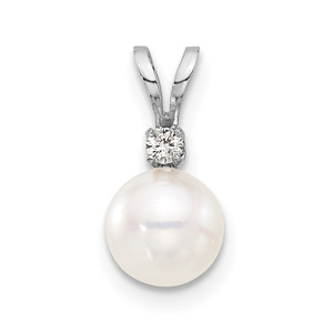 14k White Gold 6-7mm White Round Akoya Saltwater Pearl and .03 Carat Diamond Pendant
