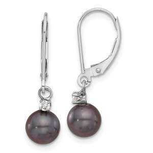 14k White Gold 7-8mm Black Round Freshwater Cultured Pearl and .10 Carat Diamond Dangle Leverback Earrings