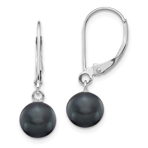 14k White Gold 7-8mm Black Round Freshwater Cultured Pearl Dangle Leverback Earrings