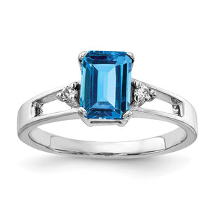 14k White Gold 7x5mm Emerald Cut Blue Topaz AA Diamond ring