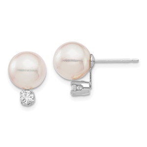 14k White Gold 8-9mm White Round Akoya Saltwater Cultured Pearl and .20 Carat Diamond Post Earrings