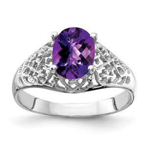 14k White Gold 8x6mm Oval Amethyst Checker ring
