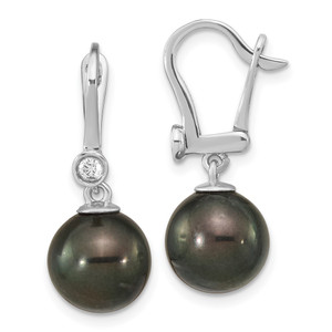 14k White Gold 9-10mm Black Round Tahitian Saltwater Cultured Pearl and .10 Carat Diamond Leverback Dangle Earrings