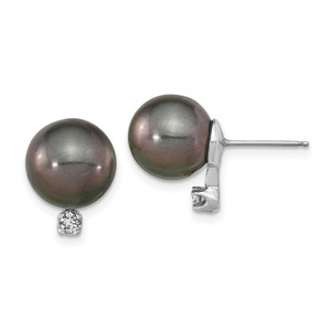 14k White Gold 9-10mm Black Round Tahitian Saltwater Cultured Pearl and .10 Carat Diamond Post Earring