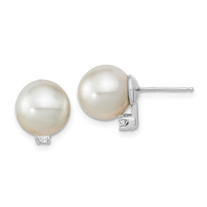 14k White Gold 9-10mm White Round South Sea Saltwater Cultured Pearl and .10 Carat Diamond Post Earrings