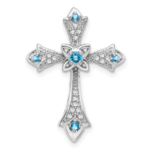 14k White Gold Blue Topaz and Diamond Fleur de Lis Cross Chain Slide