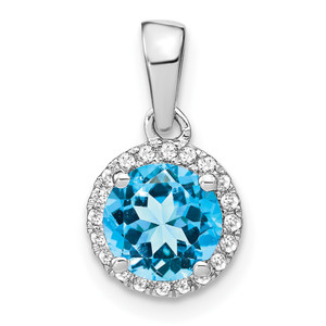 14k White Gold Blue Topaz and Diamond Halo Pendant