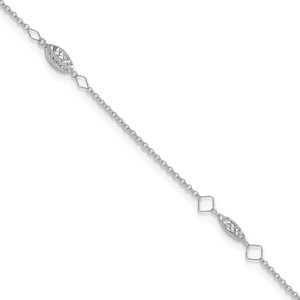 14K White Gold Cable Chain and Diamond-cut Rice Puff Beads 4-Station 9 inch Anklet Plus 1 inch Heart Dangle Extender