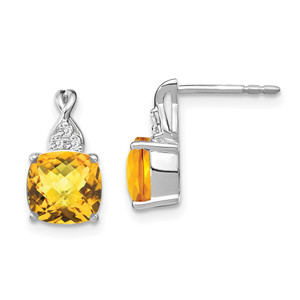 14K White Gold Checkerboard Citrine and Diamond Earrings