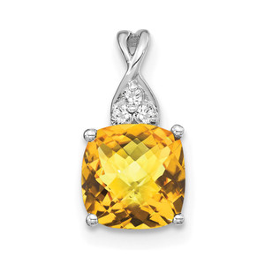 14K White Gold Checkerboard Citrine and Diamond Pendant