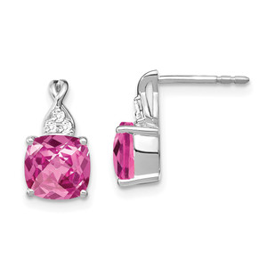 14K White Gold Checkerboard Created Pink Sapphire and Diamond Earrings