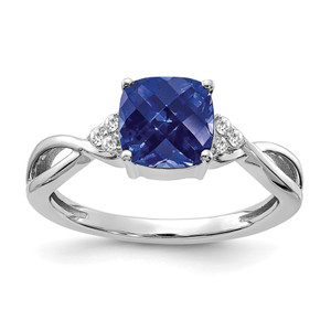 14K White Gold Checkerboard Created Sapphire and Diamond Ring