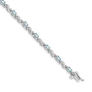 14k White Gold Complete Diamond and Oval Aquamarine Curved Link 7 inch Bracelet