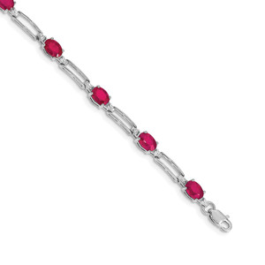 14k White Gold Complete Diamond and Oval Ruby Paperclip Link 7.25 inch Bracelet