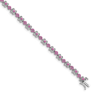 14k White Gold Complete Lab Created Pink Sapphire Flowers 7 inch Bracelet