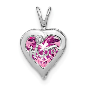 14k White Gold Creat. Pink Sapphire/Diamond MOM Heart Pendant