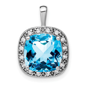 14k White Gold Cushion Blue Topaz and Diamond Pendant - PM-D15F33C6-5827