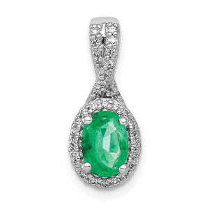 14k White Gold Diamond and Oval Emerald Halo Pendant - PM-1DB785B0-7161