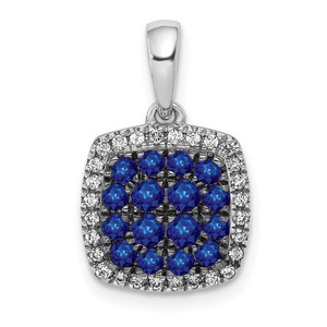 14k White Gold Diamond and Sapphire Square Halo Pendant