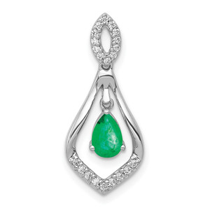 14k White Gold Diamond and Teardrop Emerald Dangle Pendant