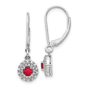 14k White Gold Diamond Halo Ruby Leverback Dangle Earrings