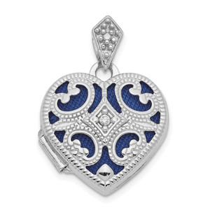 14k White Gold Diamond Vintage Filigree with Blue Fabric Interior 15mm Heart Locket