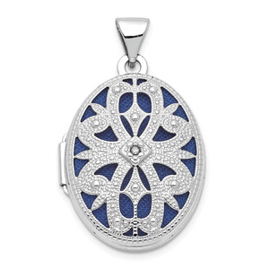 14K White Gold Diamond Vintage Filigree with Blue Fabric Interior 21mm Oval Locket