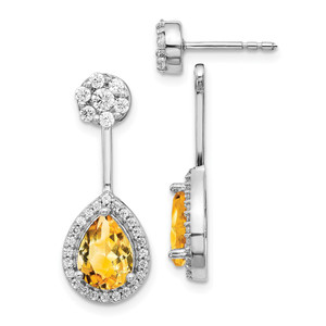 14k White Gold Diamond/Pear Citrine Front/Back Earrings