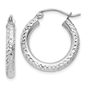 14k White Gold Diamond-cut 3mm Round Hoop Earrings - TC-CD782575-6371