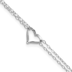 14k White Gold Double Strand Chain and Open Twisted Heart 10 inch Anklet Plus 1 inch Heart Dangle Extender
