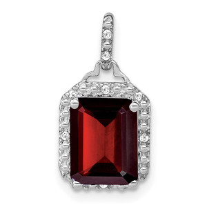 14k White Gold Emerald-cut Garnet and Diamond Halo Pendant