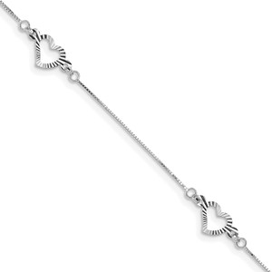 14K White Gold Fancy Textured Open Heart 3-Station 7.25 inch Bracelet