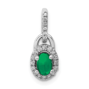 14k White Gold Halo Diamond and Cabochon Emerald Pendant