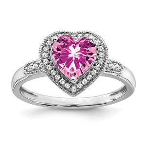 14k White Gold Heart Created Pink Sapphire and Diamond Halo Ring