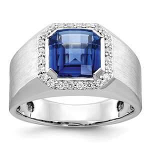 14k White Gold IBGoodman Men's Created Sapphire and 1/3 carat Diamond Complete Ring