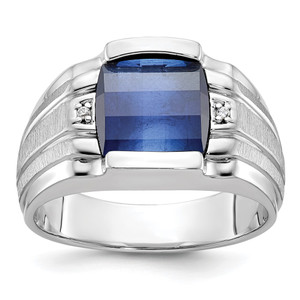 14k White Gold IBGoodman Men's Satin Created Sapphire and Diamond Complete Ring